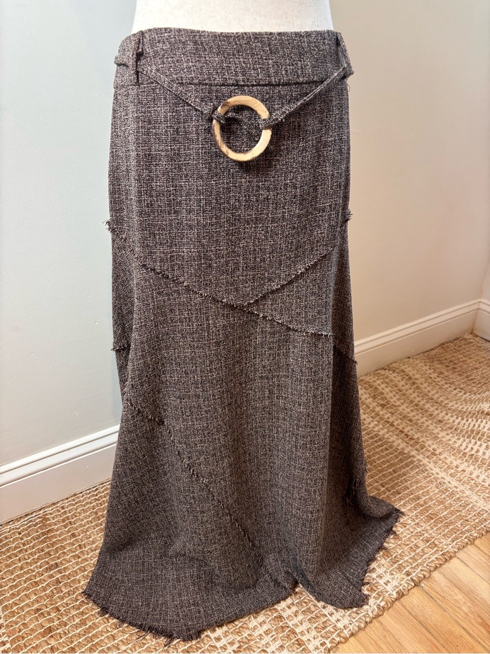 Y2K Boho Maxi Skirt Textured Knit Raw Hem Asymmetrical Belted Size 10